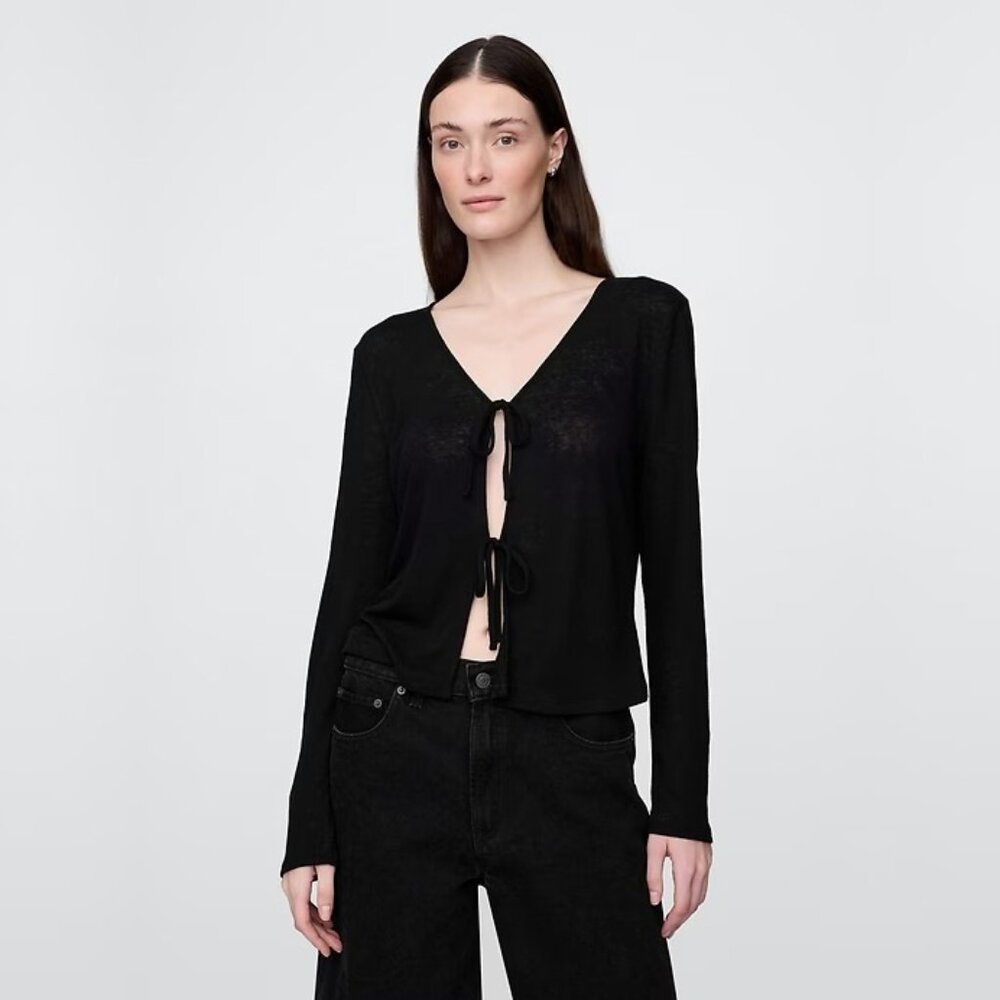 2/$30 GAP Linen-Blend Tie-Front Cardigan Black XXL #A1142